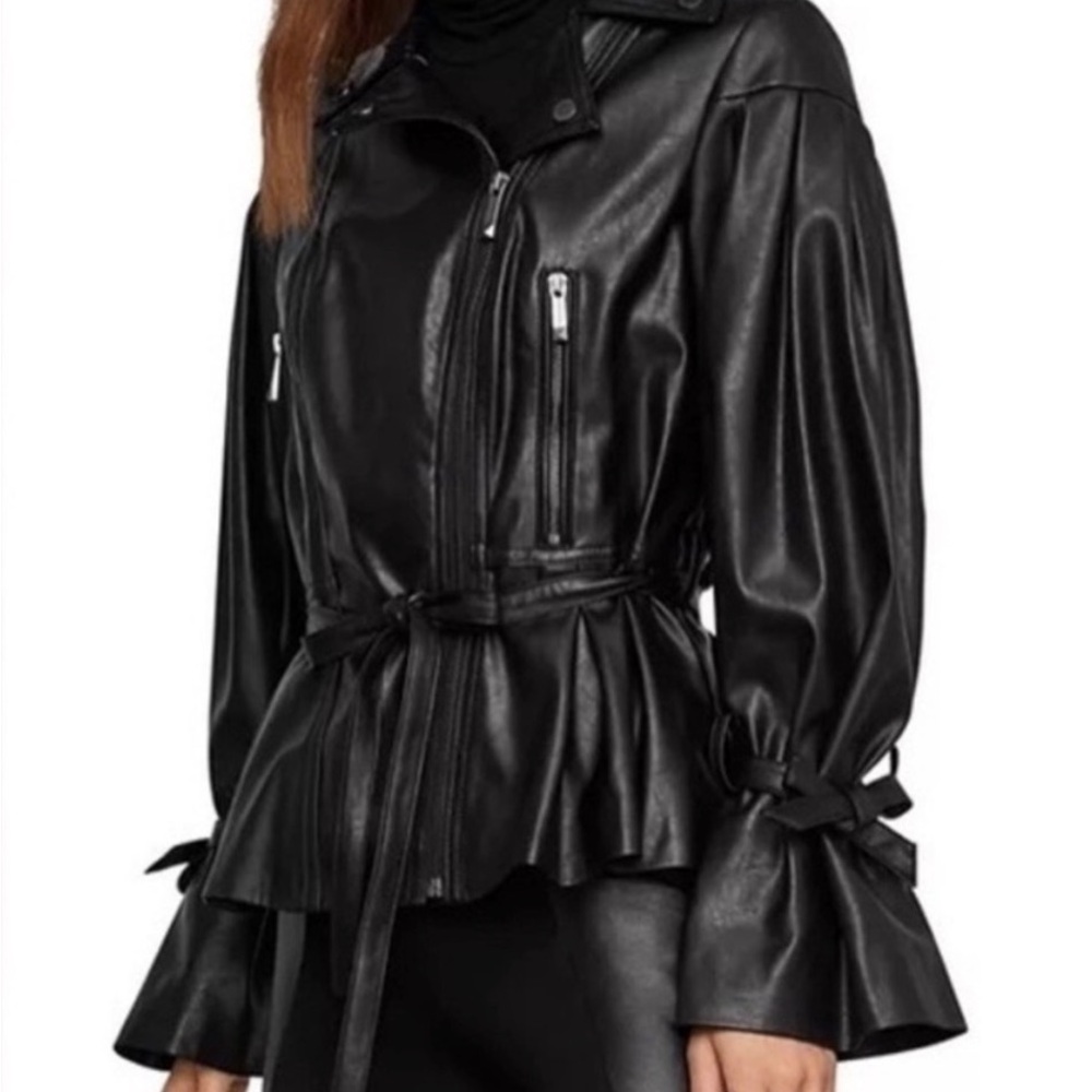 BCBGMaxAzria Black Leather Jacket with Belted Waist
